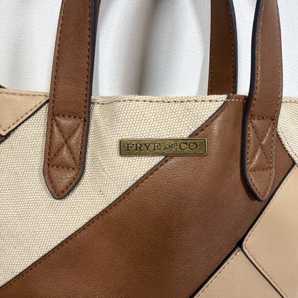 Frye And Co. Vegan Leather Jute Hand Bag Medium Size Brown/Tan/Jute Patchwork - Picture 5 of 10
